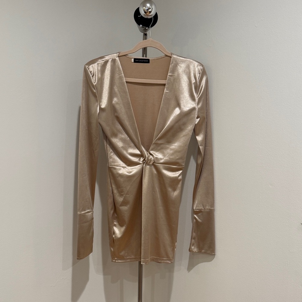 Beige Satin Long Sleeve Dress